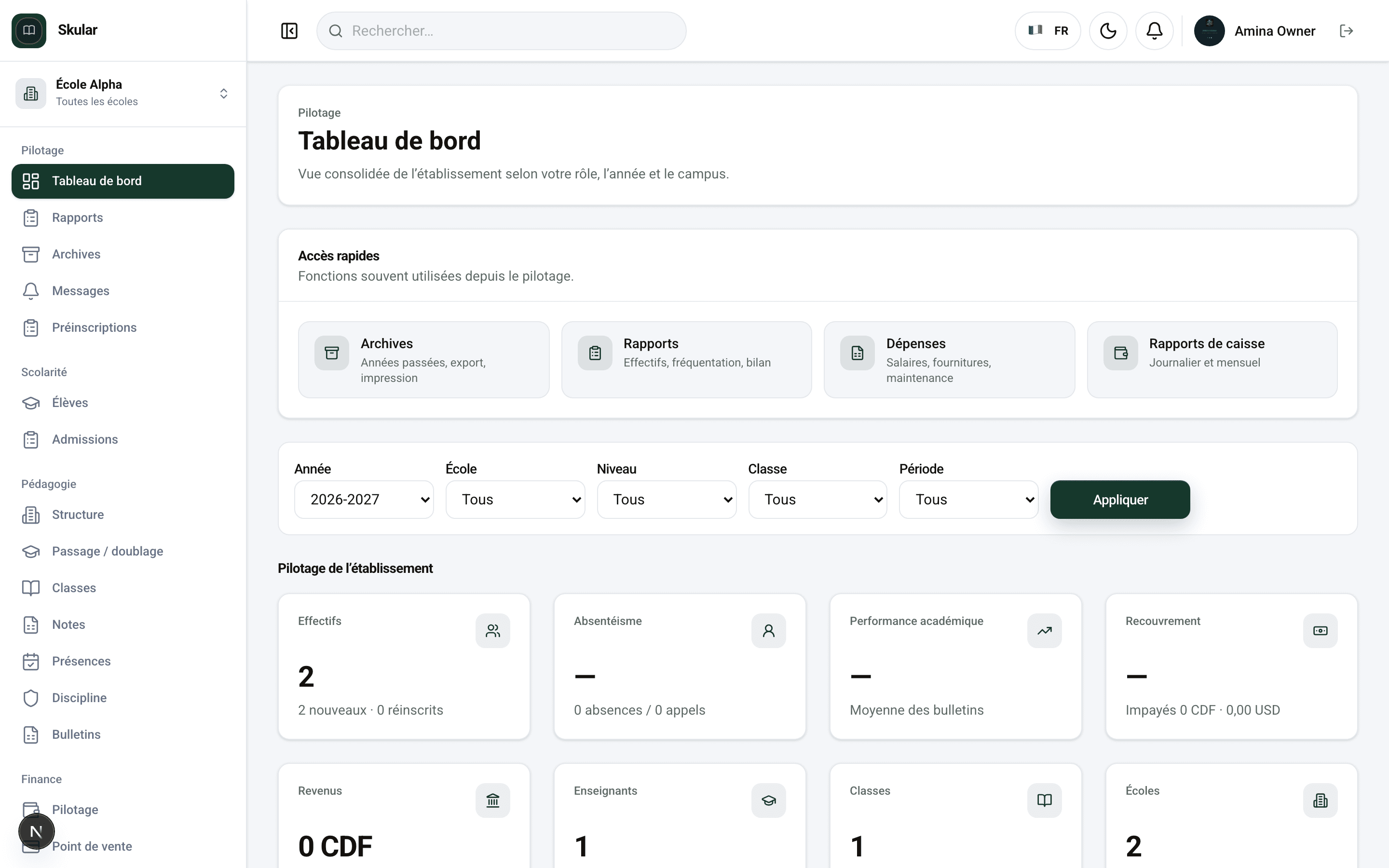 Tableau de bord Skular d’un établissement : pilotage, scolarité, pédagogie et finance.