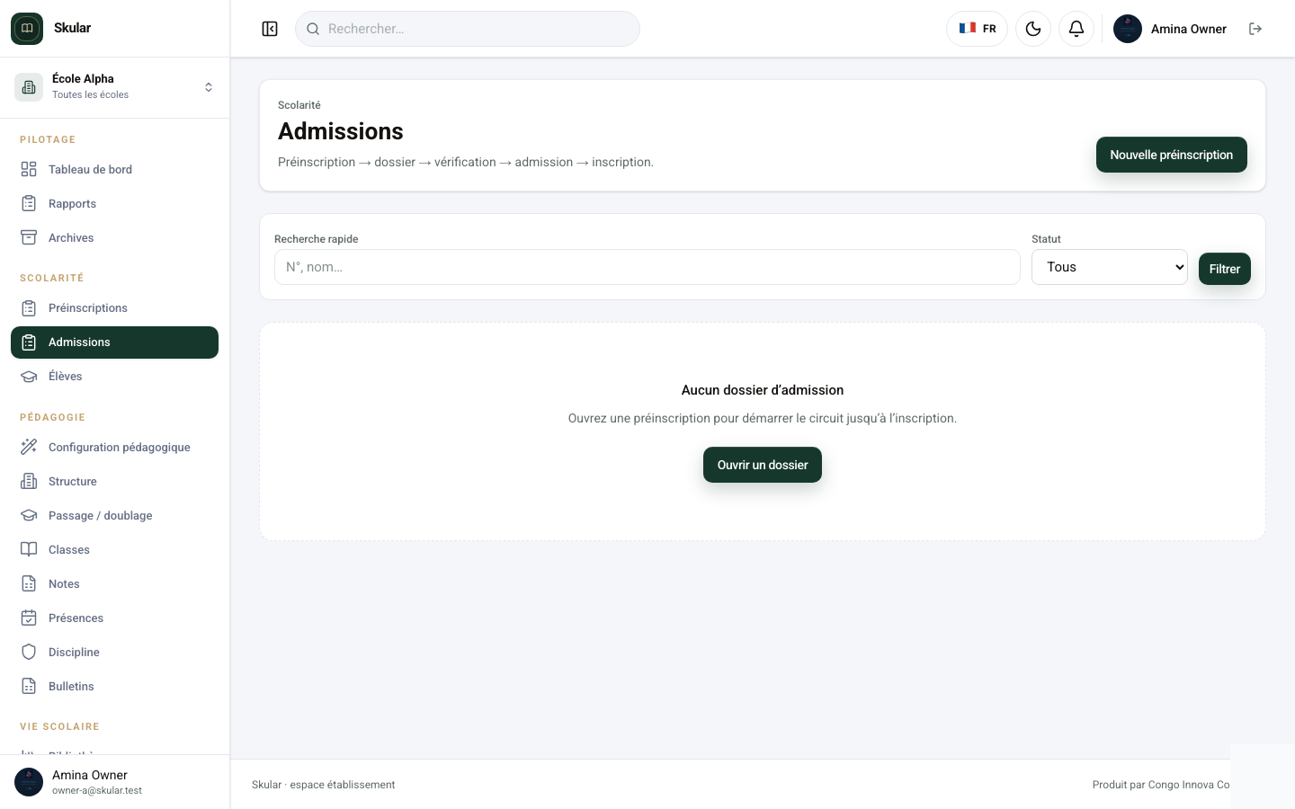 Écran Admissions Skular