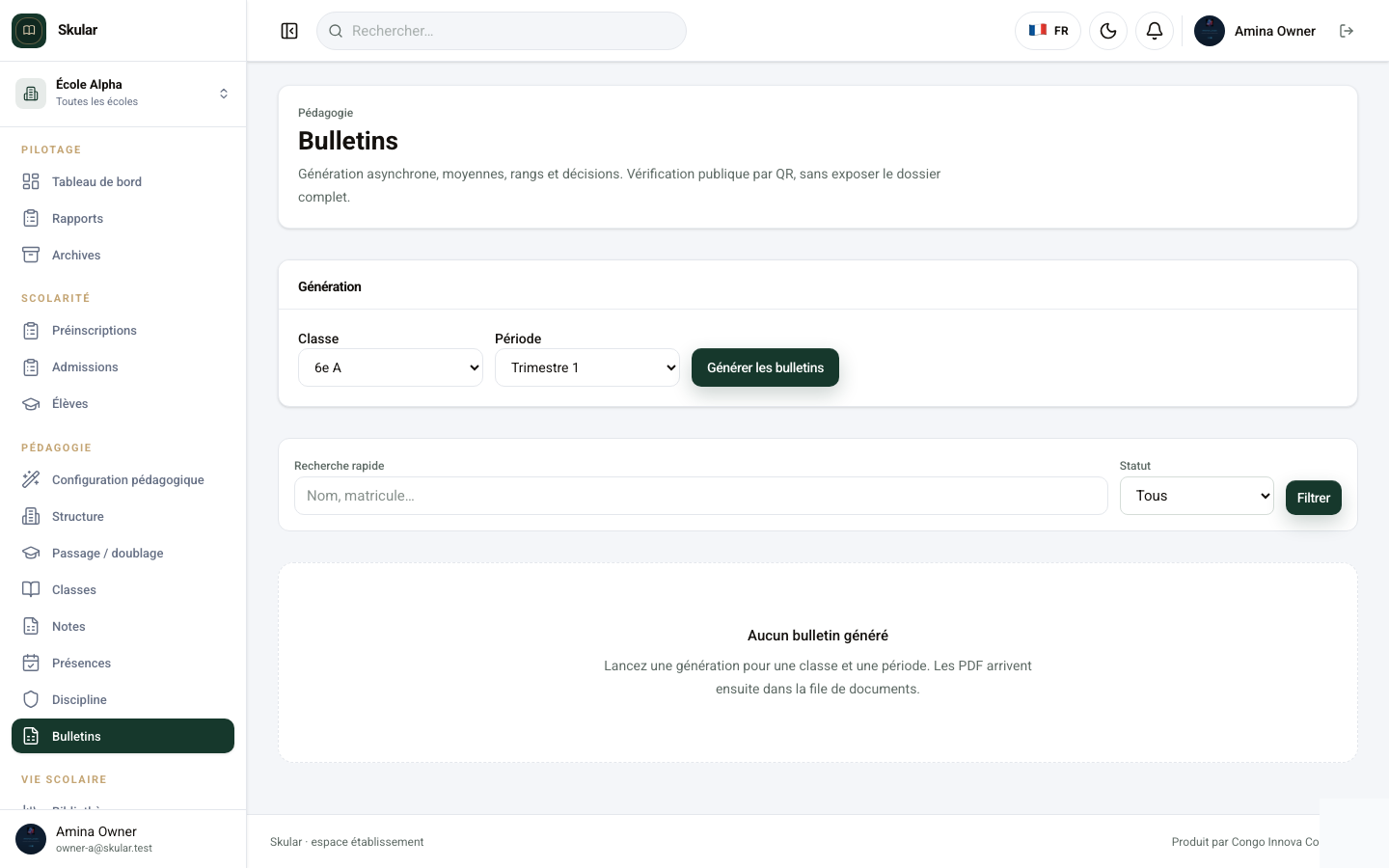 Écran Bulletins Skular